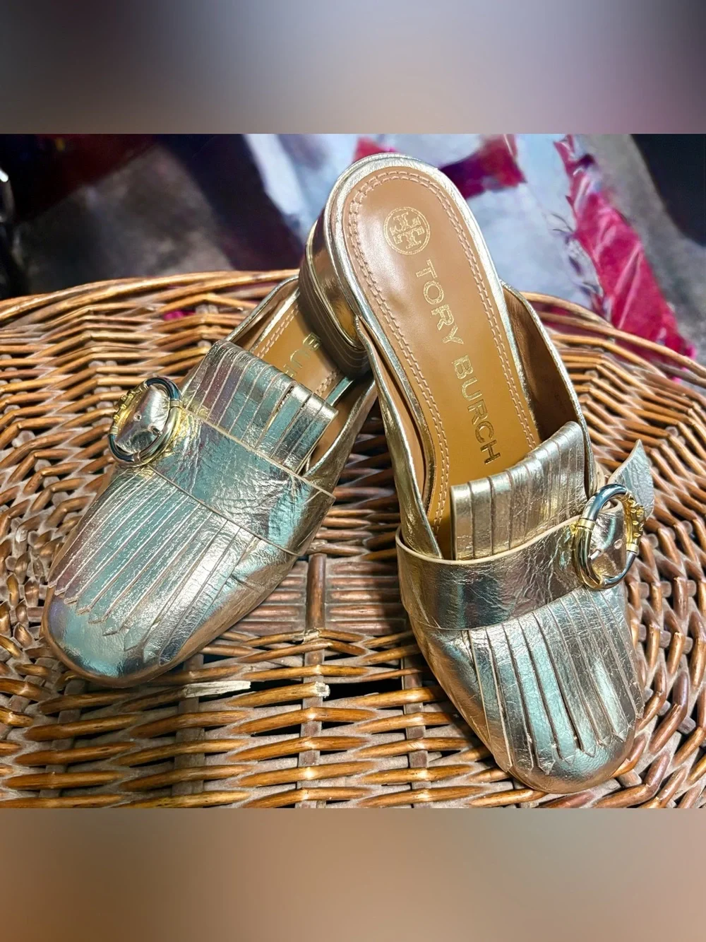 Tory Burch Metallic Gold Fringe Slip-On Mules